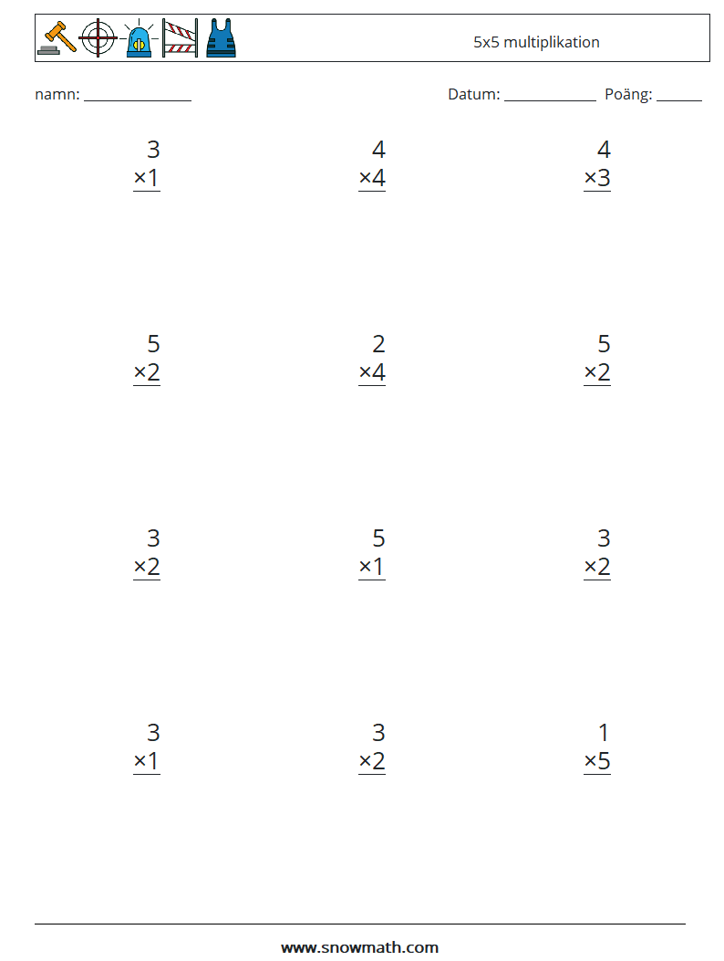 (12) 5x5 multiplikation Matematiska arbetsblad 2