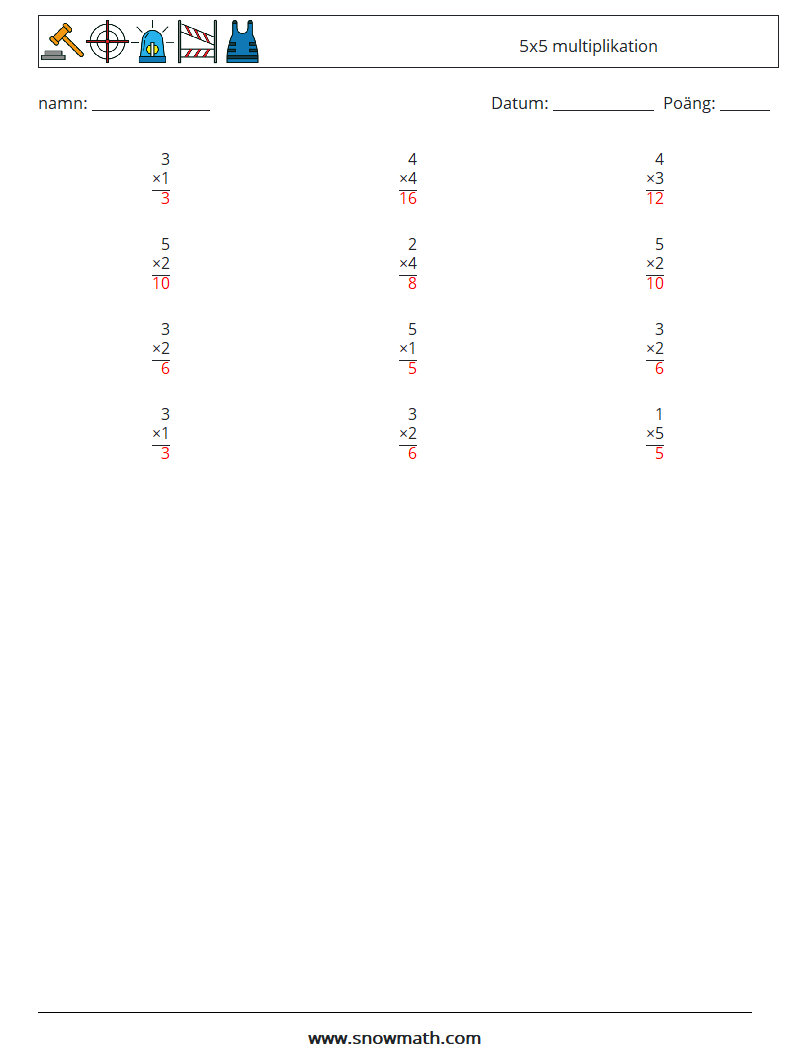 (12) 5x5 multiplikation Matematiska arbetsblad 2 Fråga, svar