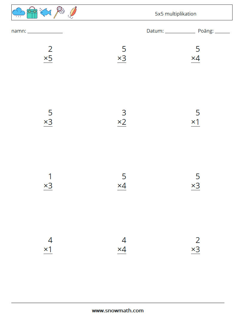 (12) 5x5 multiplikation Matematiska arbetsblad 3