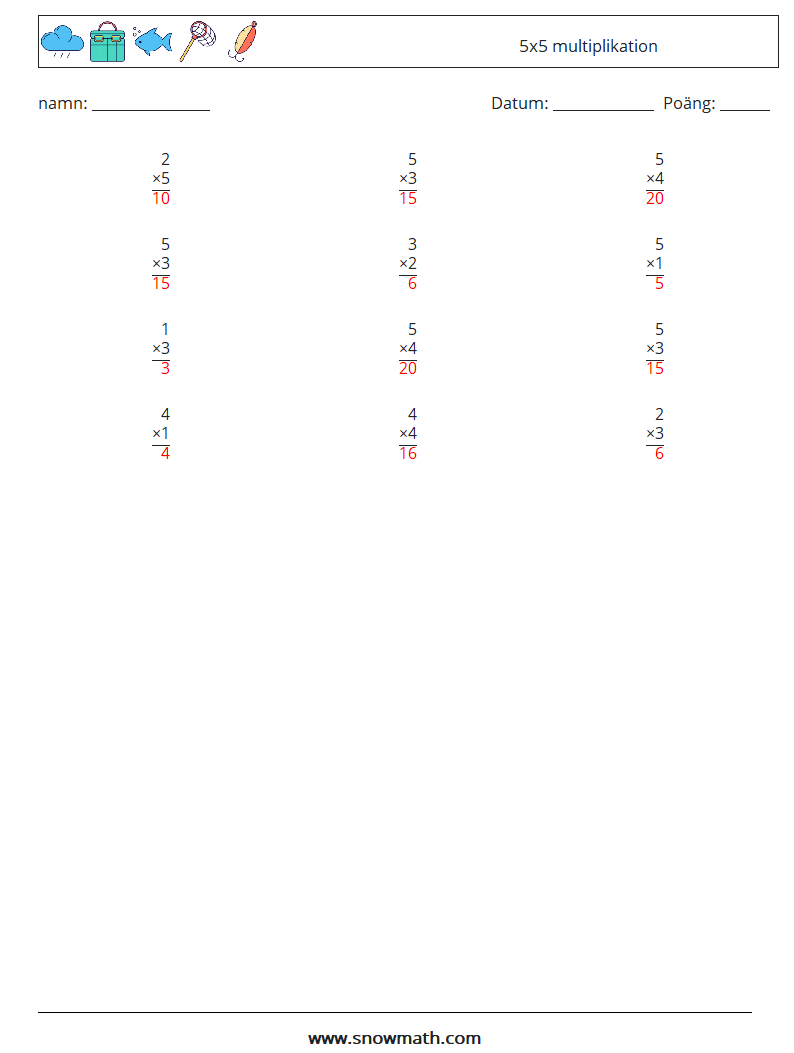 (12) 5x5 multiplikation Matematiska arbetsblad 3 Fråga, svar