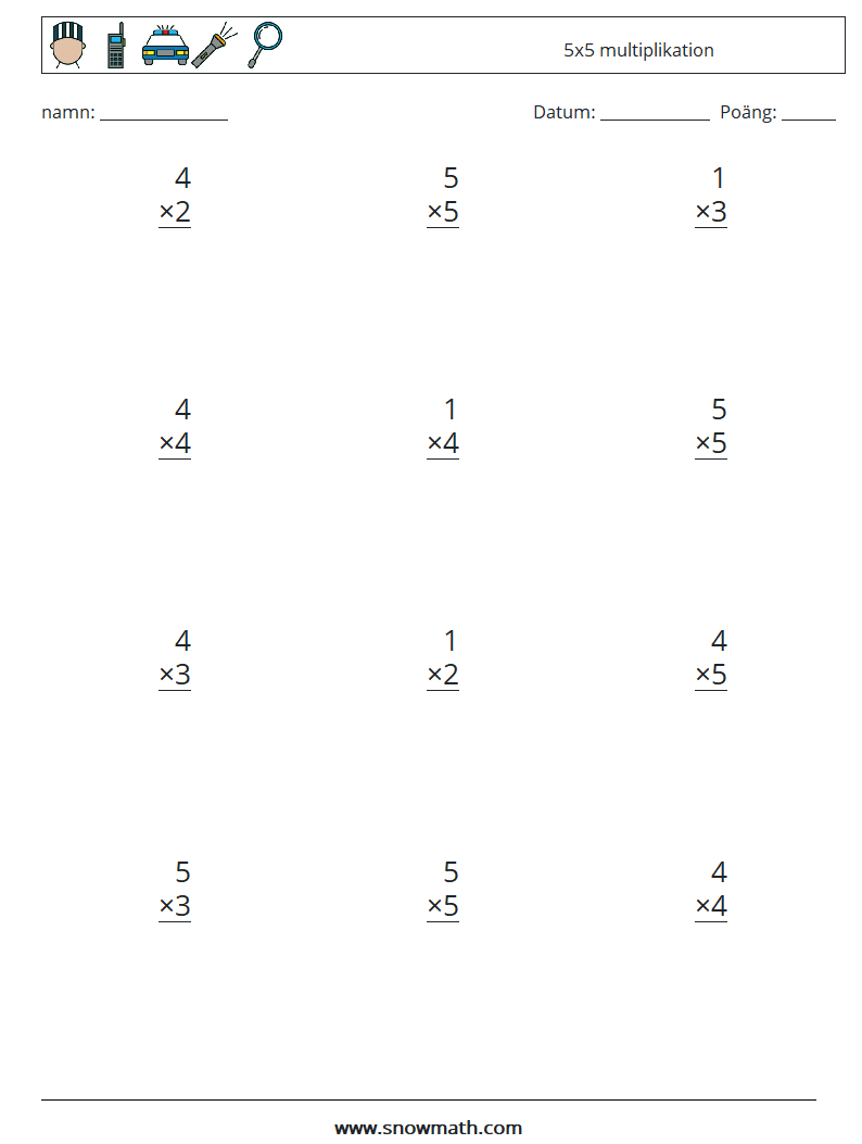 (12) 5x5 multiplikation Matematiska arbetsblad 4