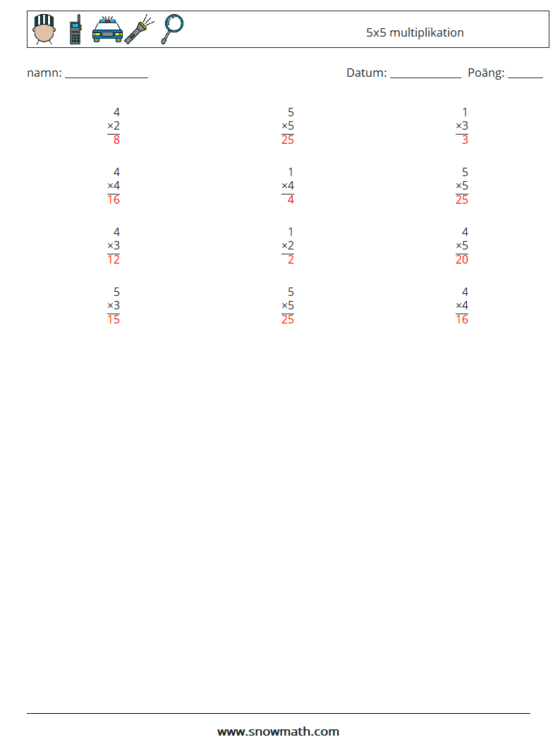 (12) 5x5 multiplikation Matematiska arbetsblad 4 Fråga, svar