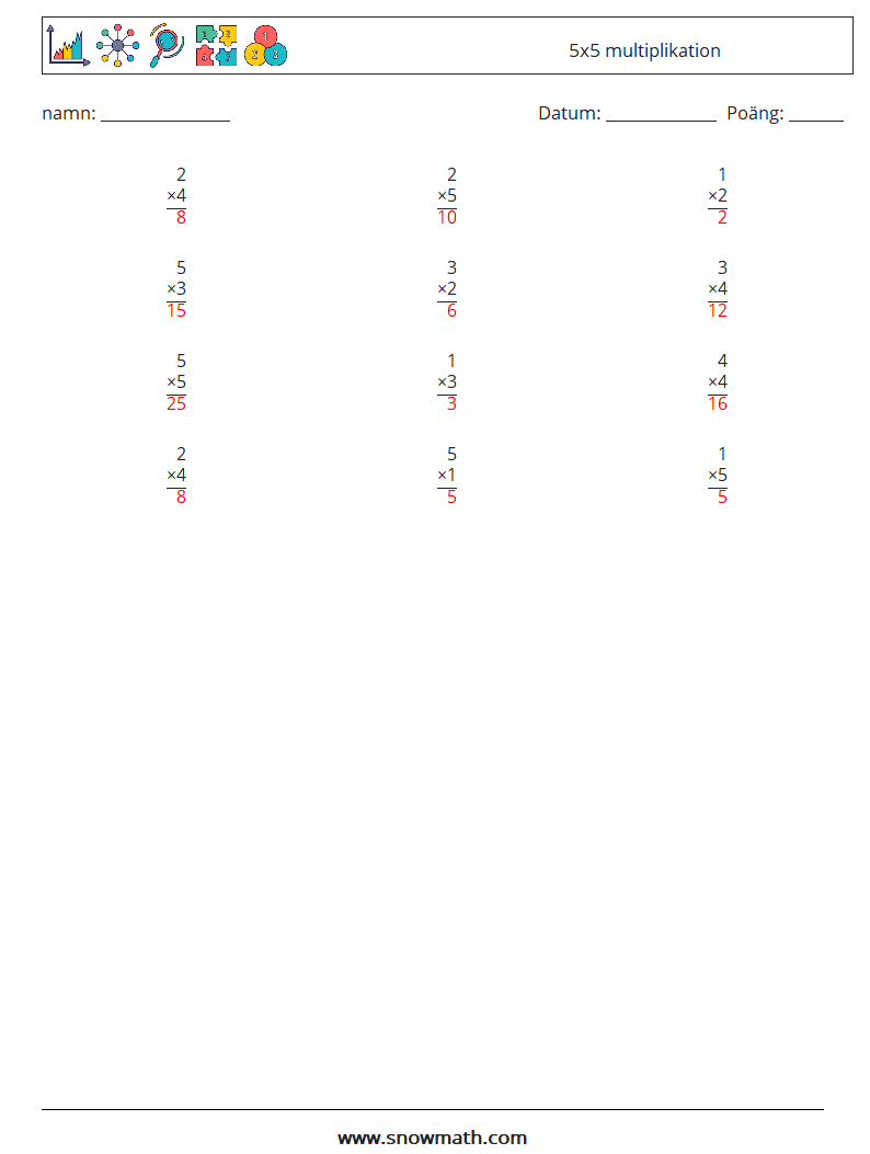 (12) 5x5 multiplikation Matematiska arbetsblad 5 Fråga, svar