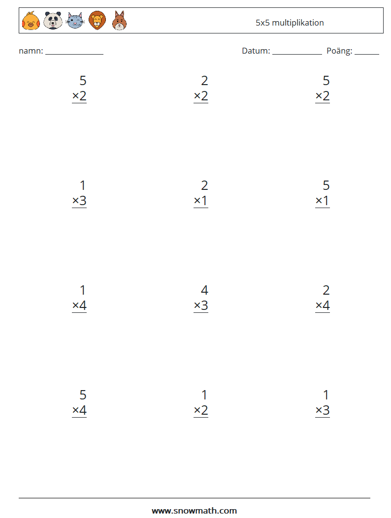 (12) 5x5 multiplikation Matematiska arbetsblad 6