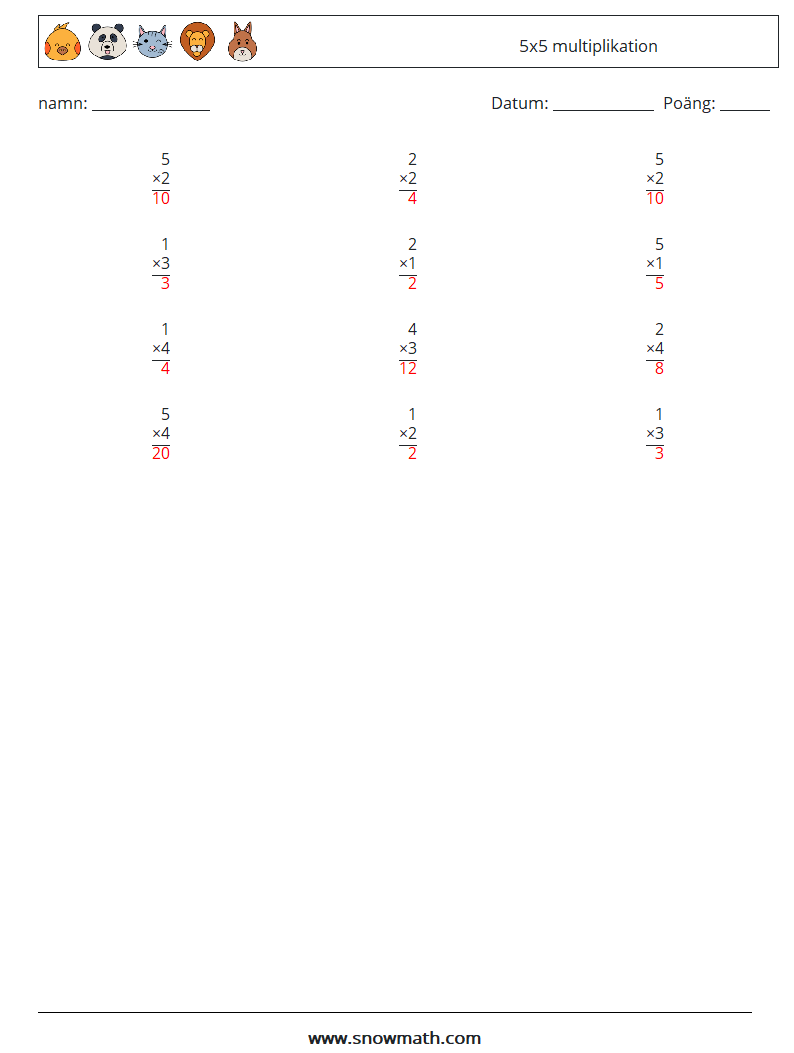 (12) 5x5 multiplikation Matematiska arbetsblad 6 Fråga, svar