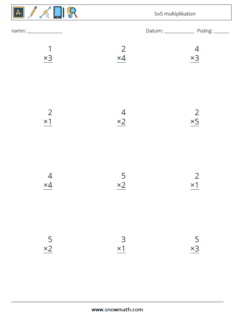 (12) 5x5 multiplikation Matematiska arbetsblad 7