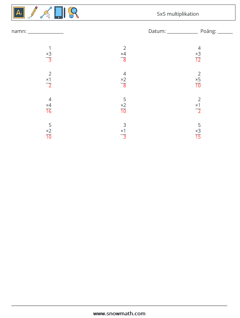 (12) 5x5 multiplikation Matematiska arbetsblad 7 Fråga, svar