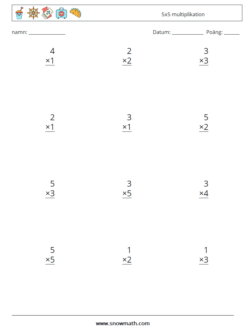 (12) 5x5 multiplikation Matematiska arbetsblad 8