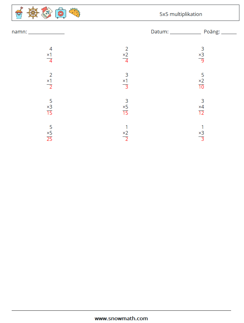 (12) 5x5 multiplikation Matematiska arbetsblad 8 Fråga, svar