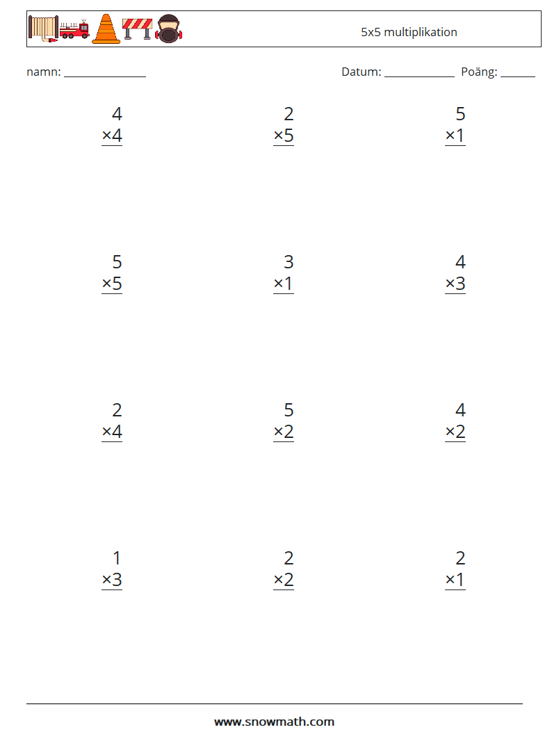 (12) 5x5 multiplikation Matematiska arbetsblad 9