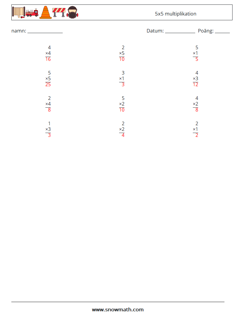 (12) 5x5 multiplikation Matematiska arbetsblad 9 Fråga, svar