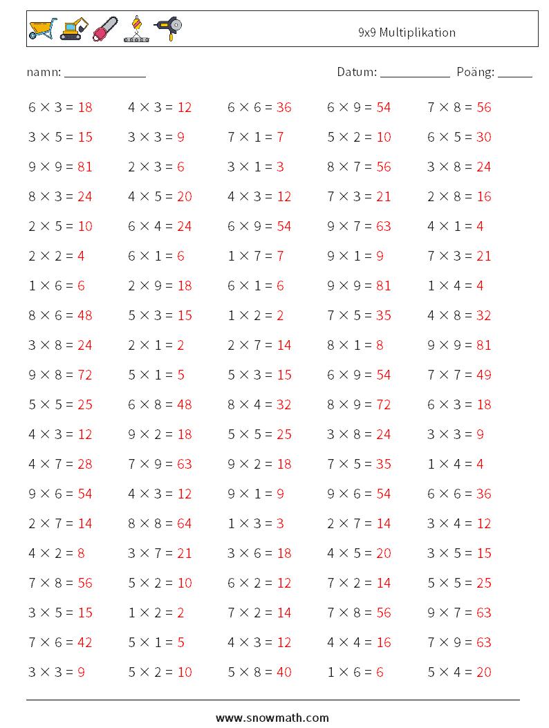 (100) 9x9 Multiplikation Matematiska arbetsblad 3 Fråga, svar