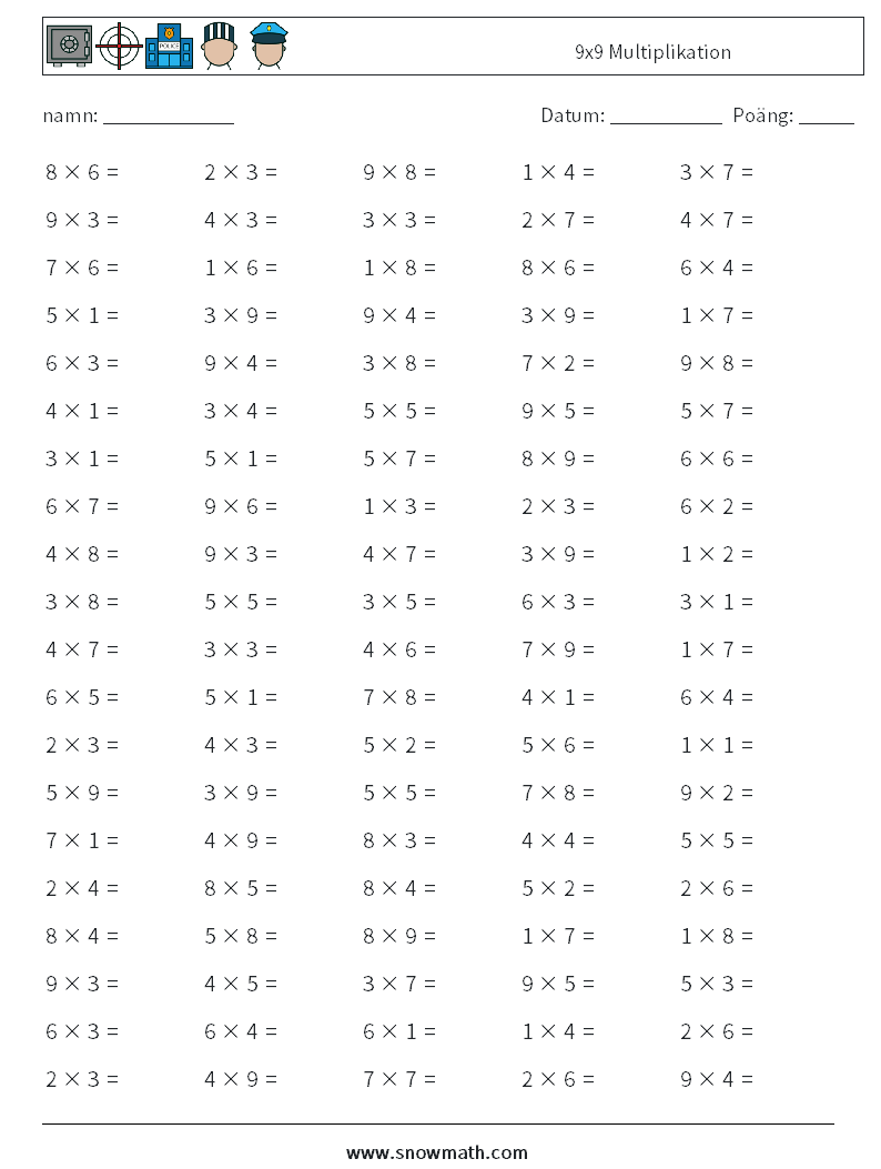 (100) 9x9 Multiplikation Matematiska arbetsblad 4