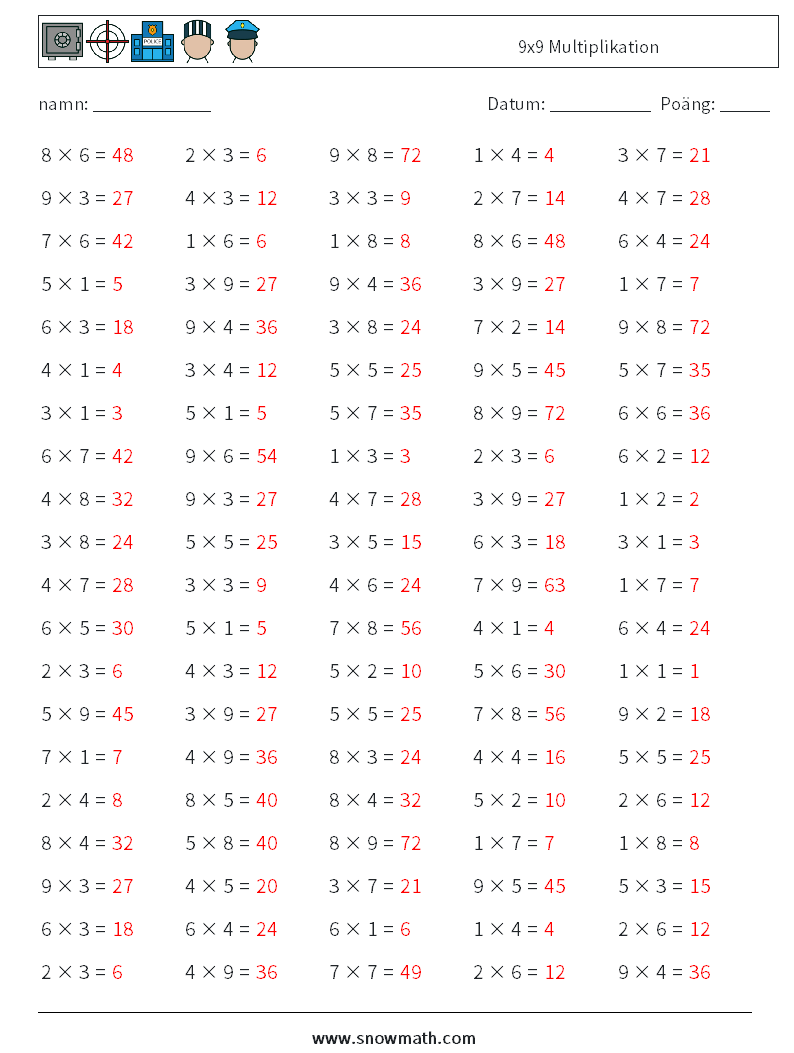 (100) 9x9 Multiplikation Matematiska arbetsblad 4 Fråga, svar