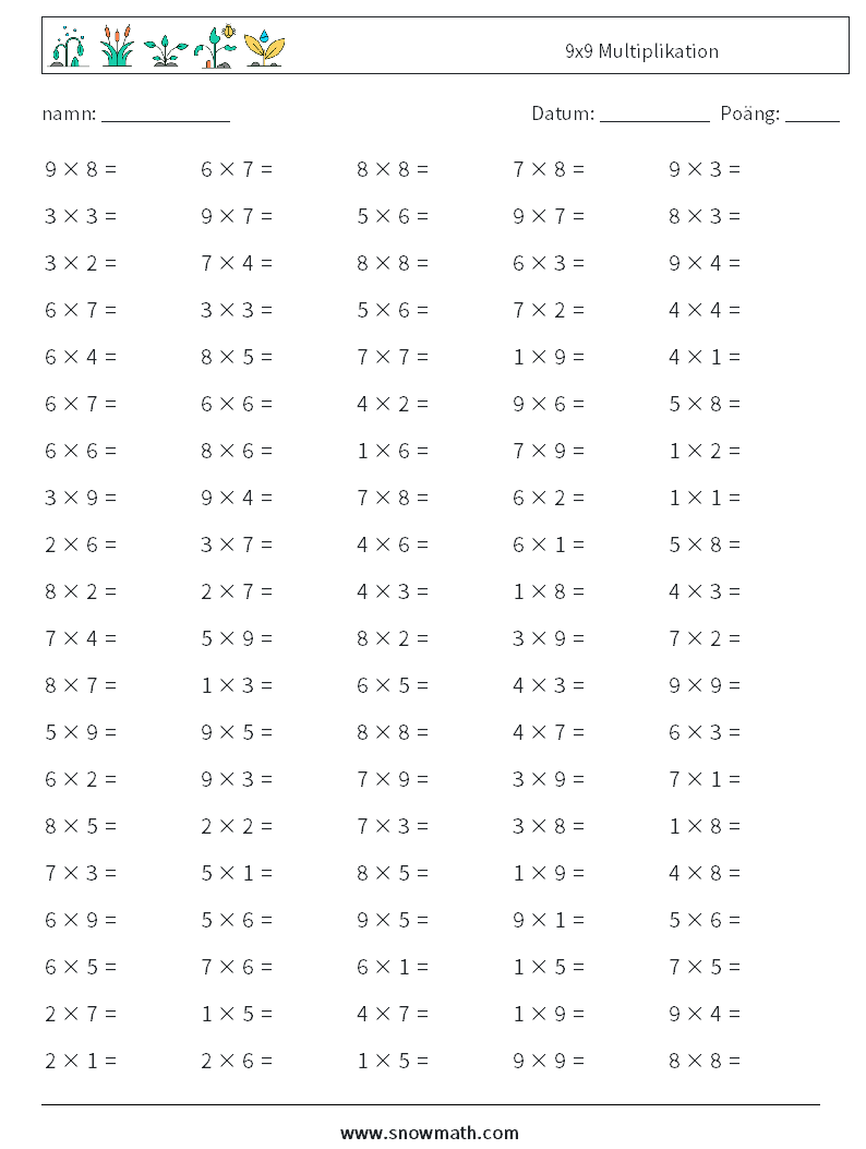 (100) 9x9 Multiplikation Matematiska arbetsblad 6