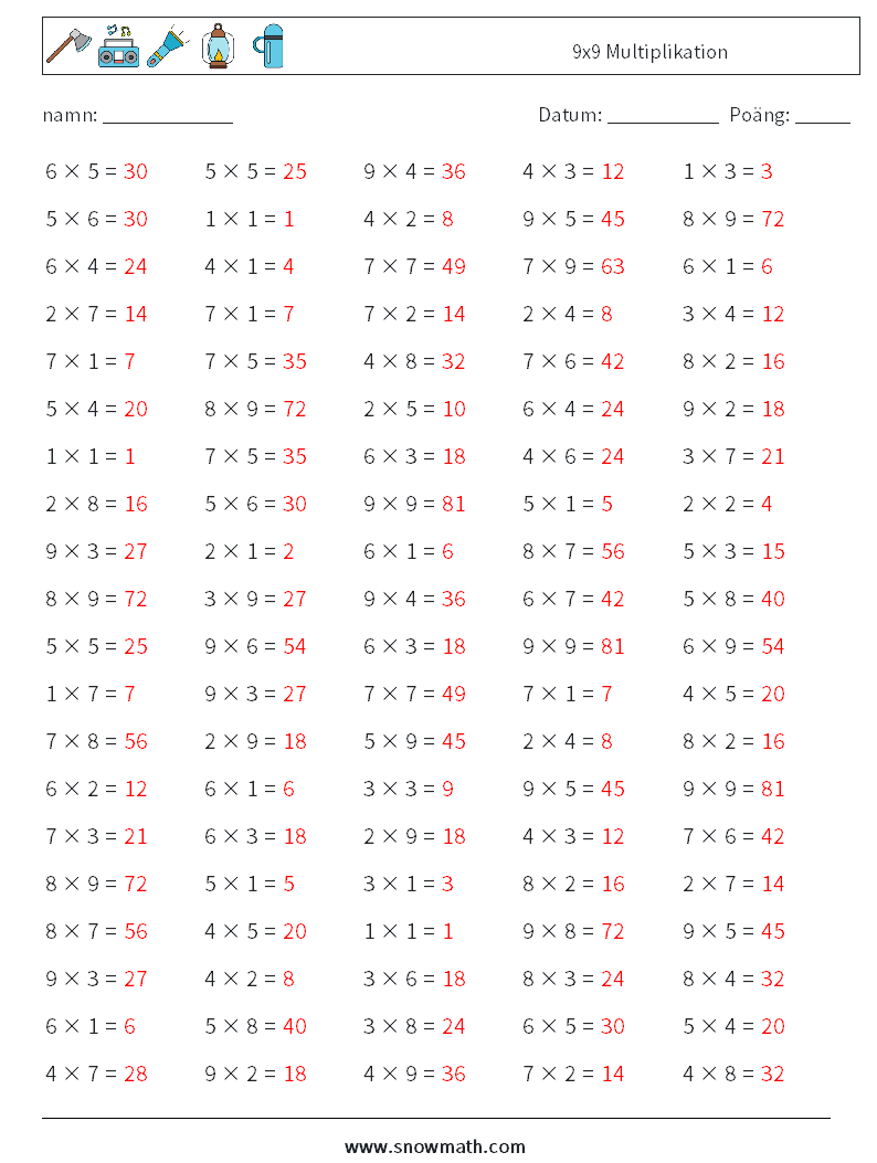 (100) 9x9 Multiplikation Matematiska arbetsblad 7 Fråga, svar