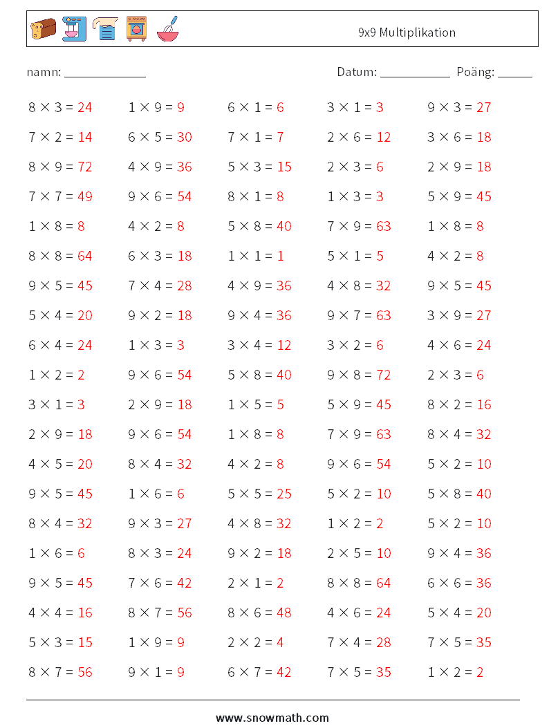 (100) 9x9 Multiplikation Matematiska arbetsblad 8 Fråga, svar