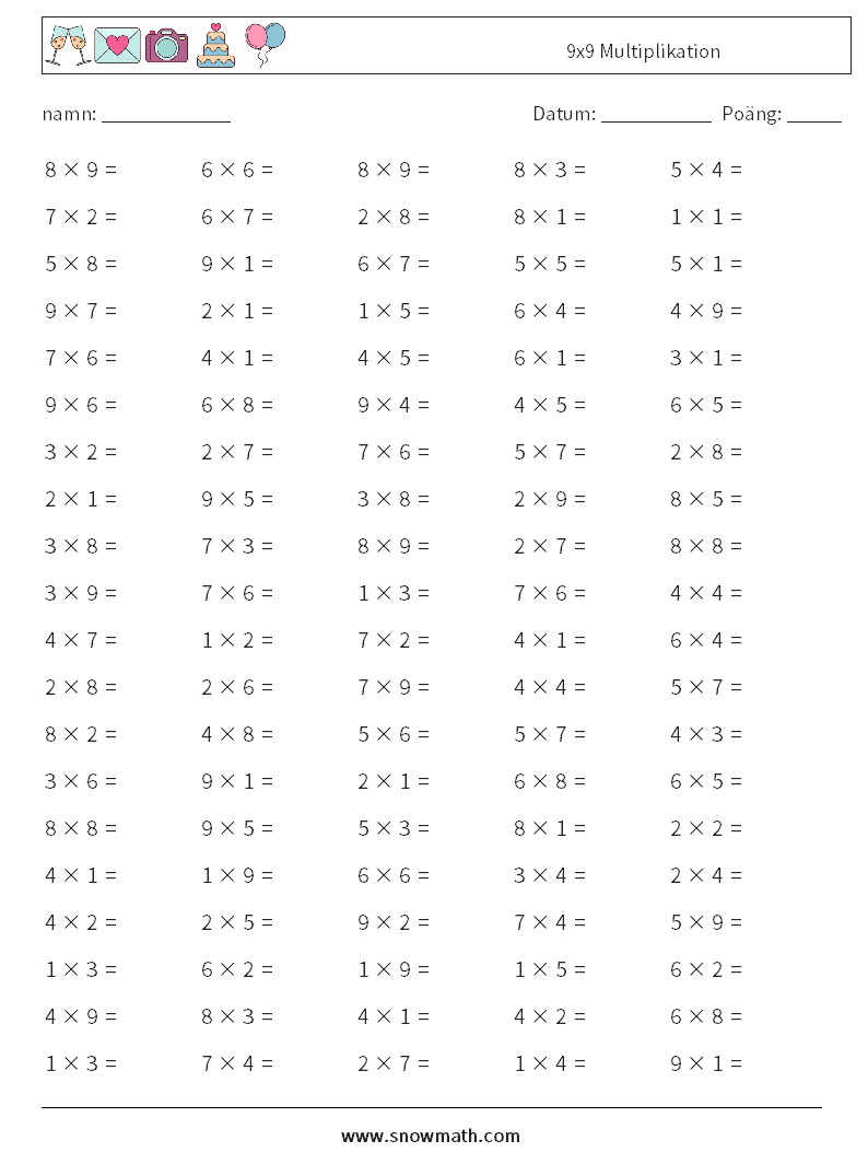 (100) 9x9 Multiplikation Matematiska arbetsblad 9