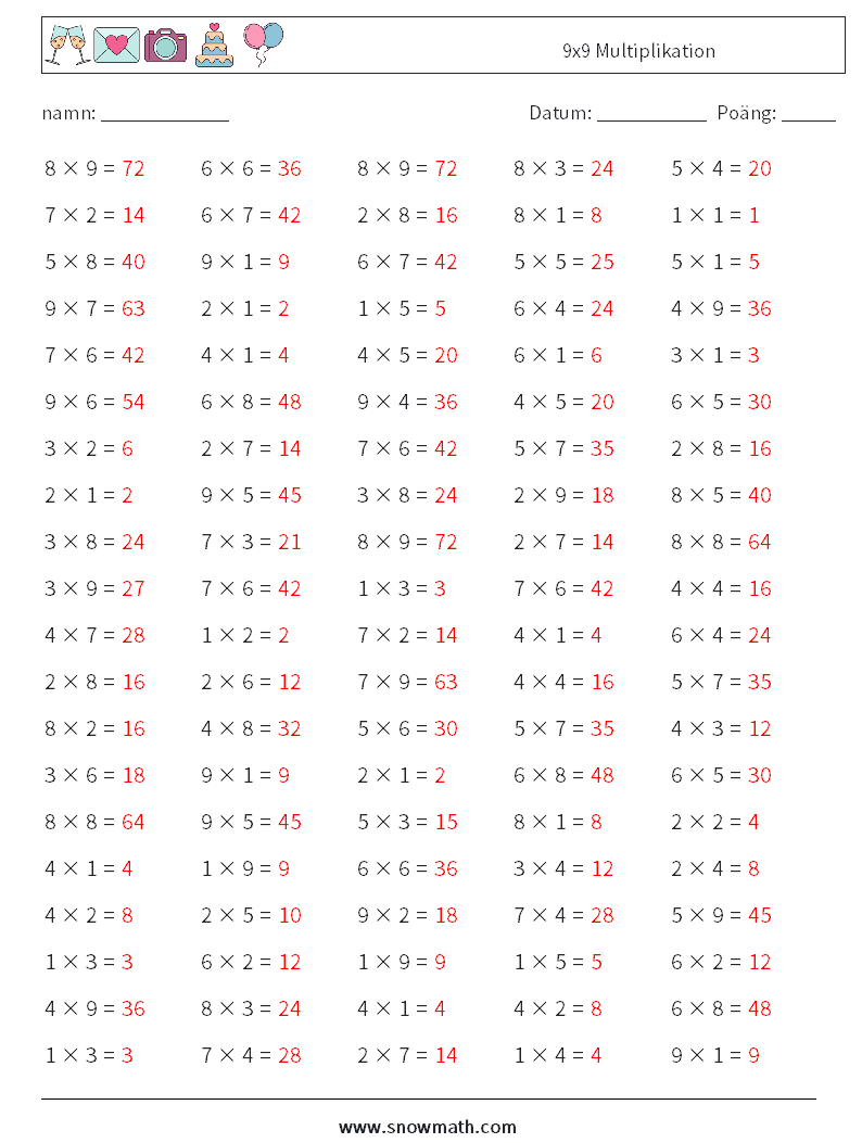 (100) 9x9 Multiplikation Matematiska arbetsblad 9 Fråga, svar