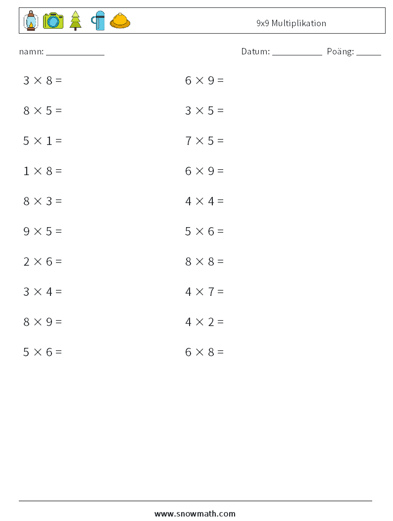 (20) 9x9 Multiplikation Matematiska arbetsblad 2