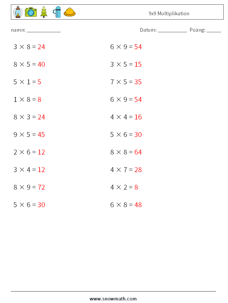 (20) 9x9 Multiplikation Matematiska arbetsblad 2 Fråga, svar