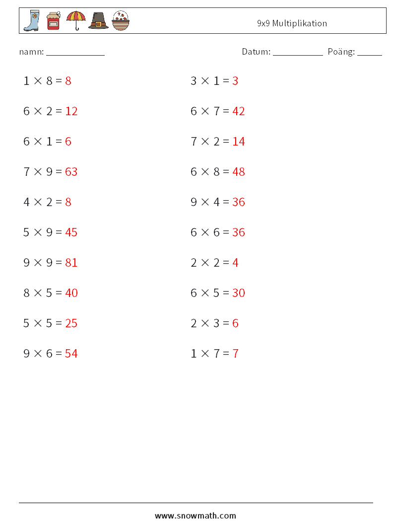 (20) 9x9 Multiplikation Matematiska arbetsblad 3 Fråga, svar