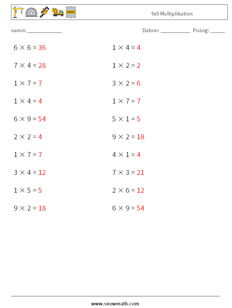 (20) 9x9 Multiplikation Matematiska arbetsblad 4 Fråga, svar