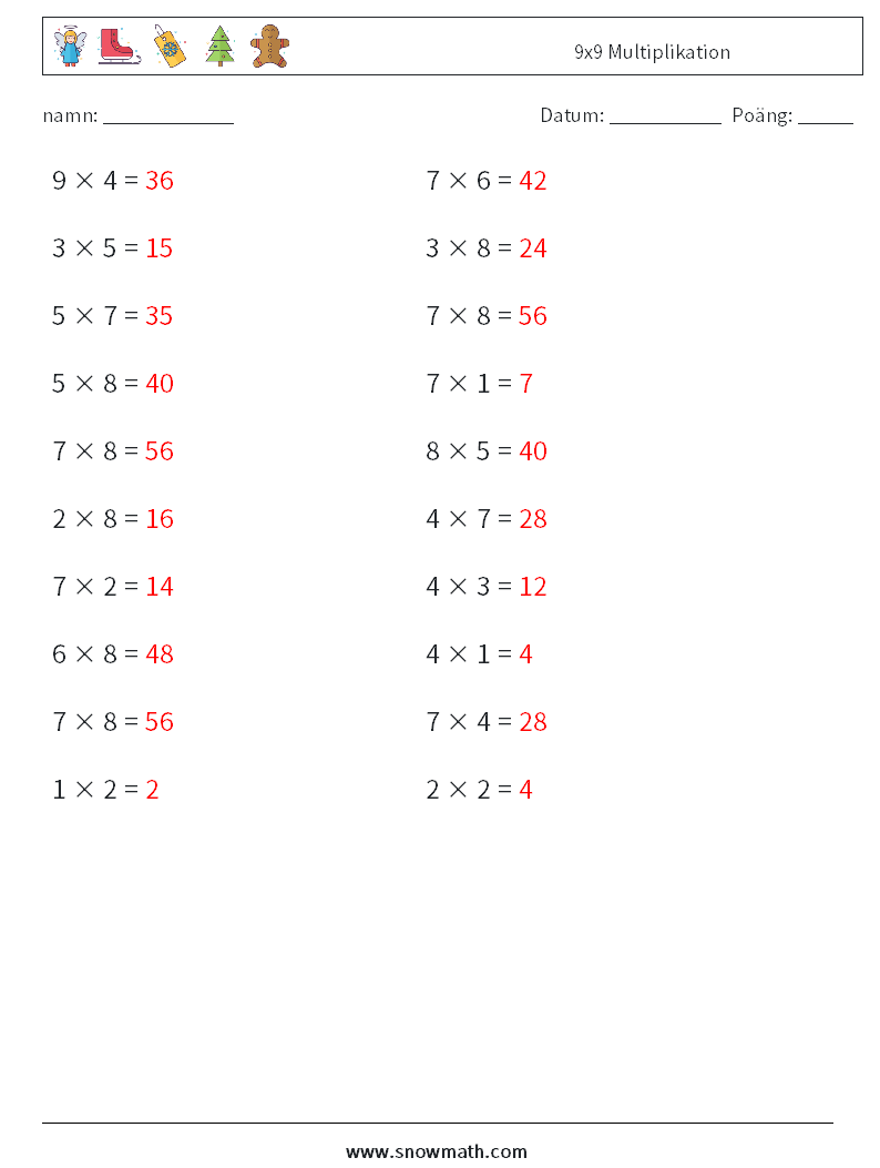 (20) 9x9 Multiplikation Matematiska arbetsblad 6 Fråga, svar