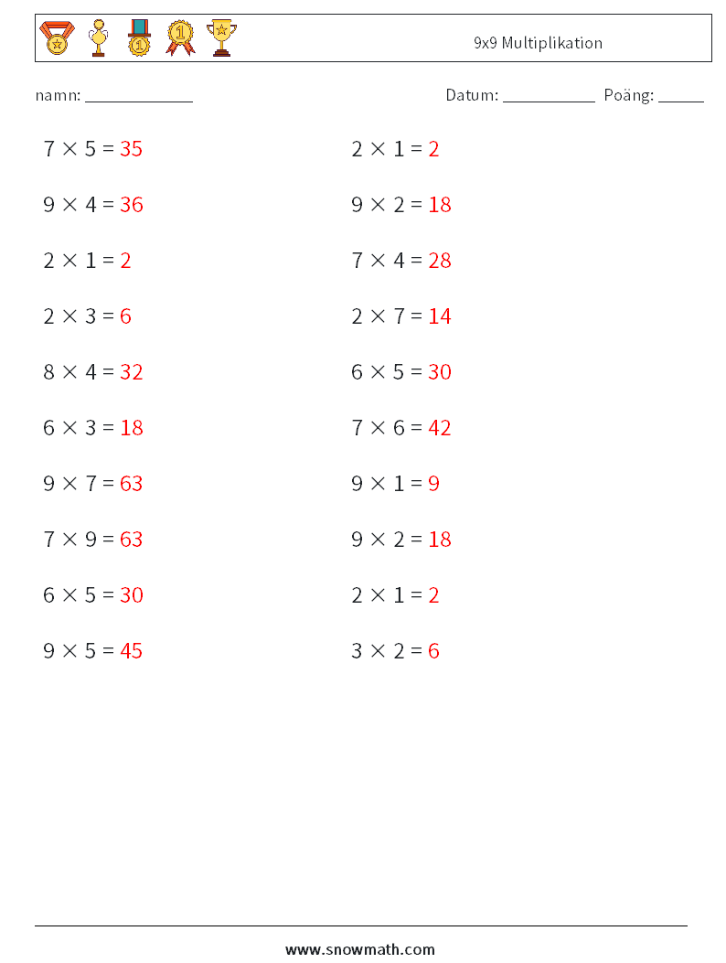 (20) 9x9 Multiplikation Matematiska arbetsblad 7 Fråga, svar
