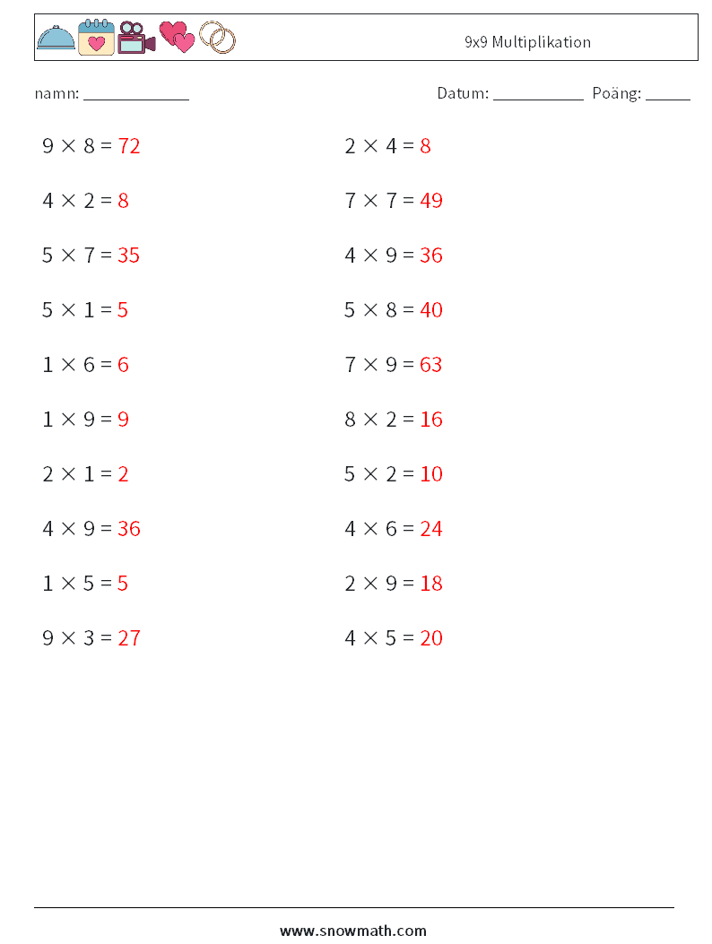 (20) 9x9 Multiplikation Matematiska arbetsblad 8 Fråga, svar