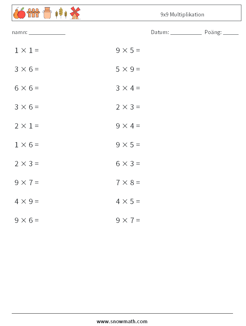 (20) 9x9 Multiplikation Matematiska arbetsblad 9