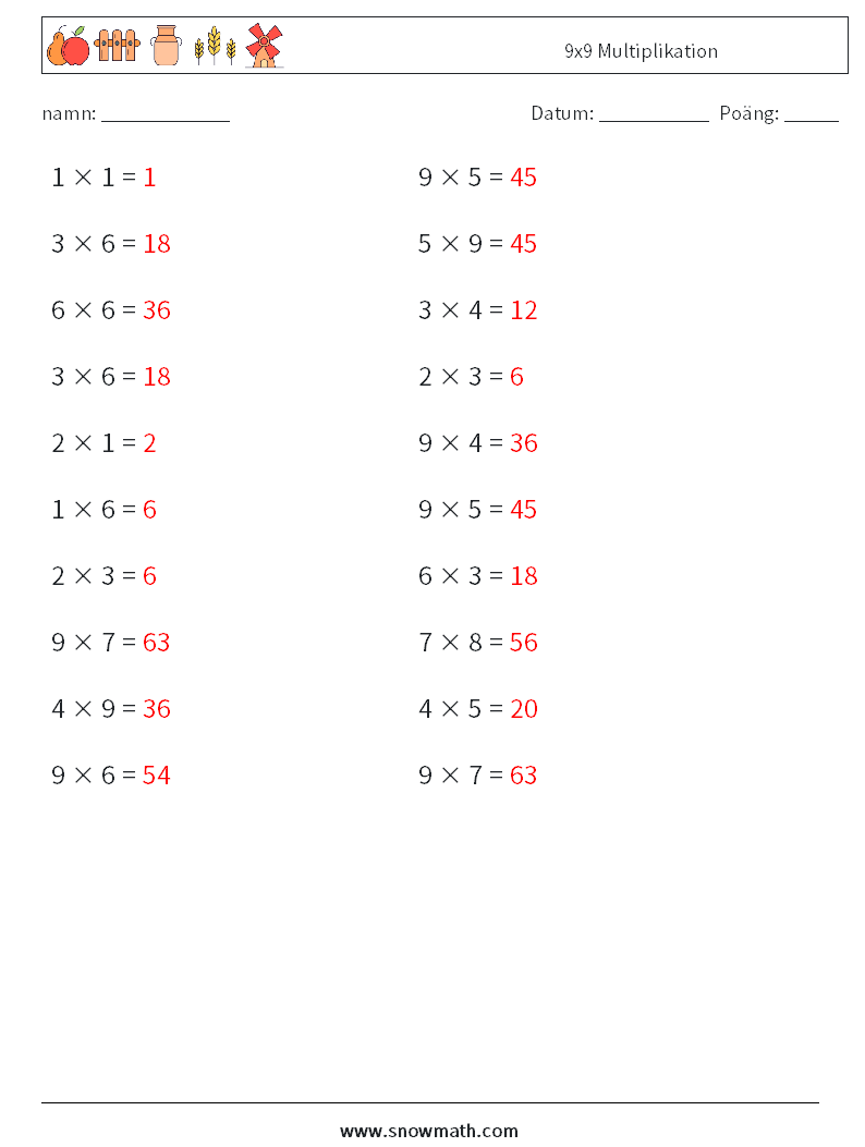 (20) 9x9 Multiplikation Matematiska arbetsblad 9 Fråga, svar