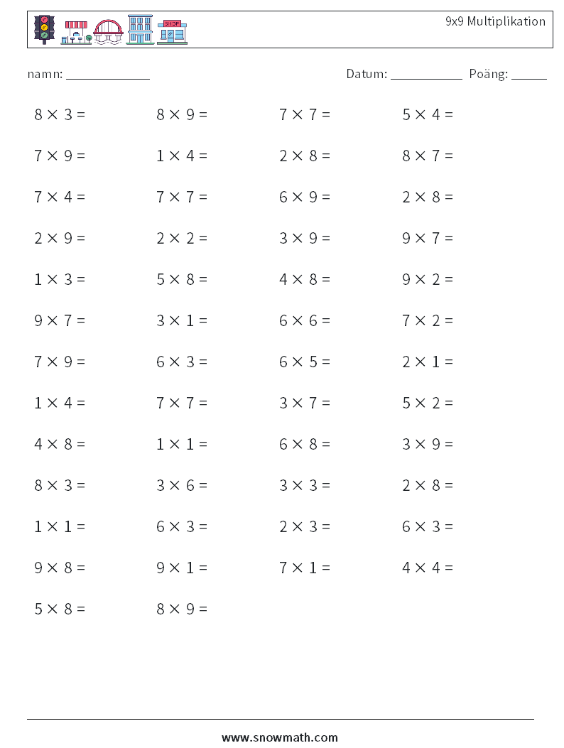 (50) 9x9 Multiplikation Matematiska arbetsblad 4