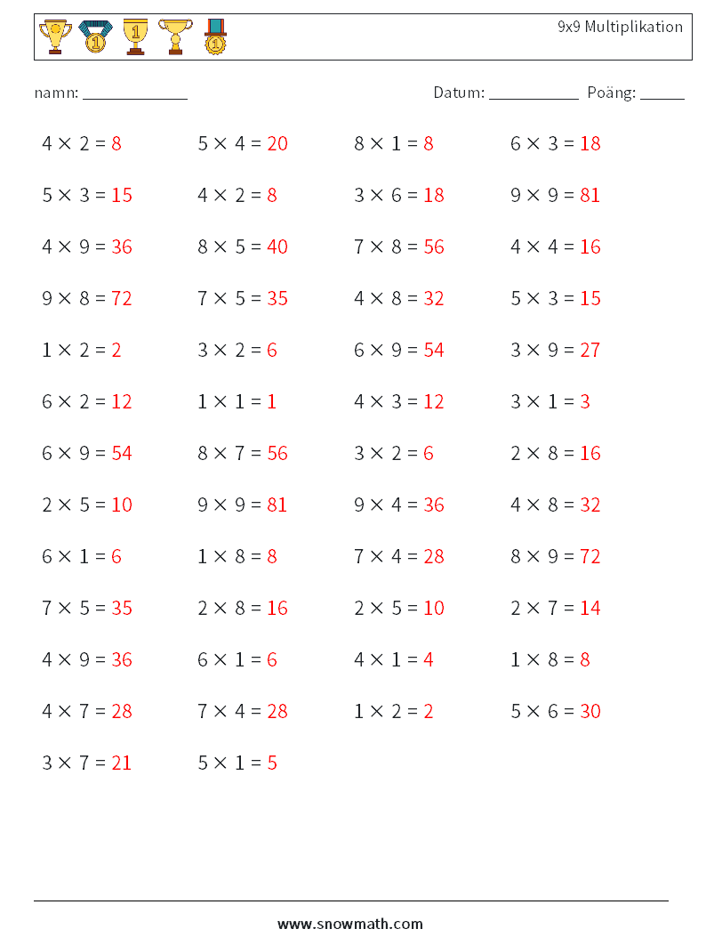 (50) 9x9 Multiplikation Matematiska arbetsblad 5 Fråga, svar