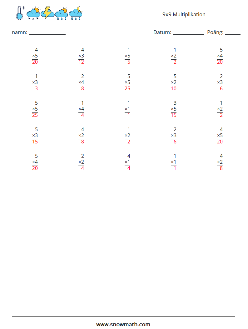 (25) 9x9 Multiplikation Matematiska arbetsblad 1 Fråga, svar