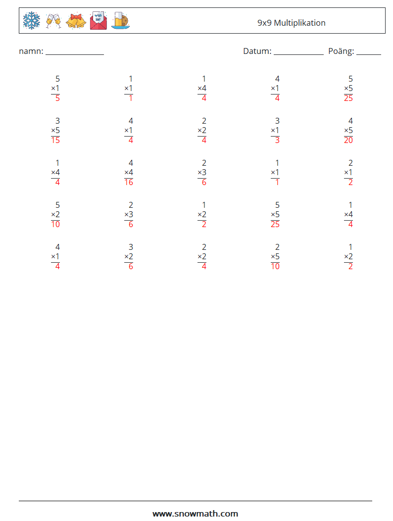 (25) 9x9 Multiplikation Matematiska arbetsblad 3 Fråga, svar