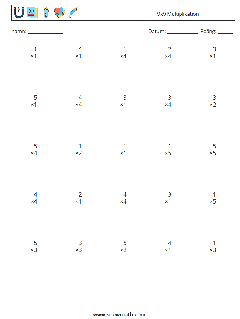 (25) 9x9 Multiplikation Matematiska arbetsblad 4