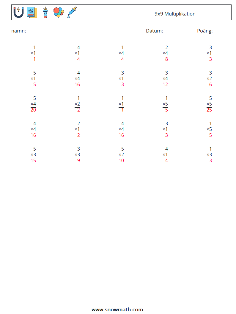 (25) 9x9 Multiplikation Matematiska arbetsblad 4 Fråga, svar