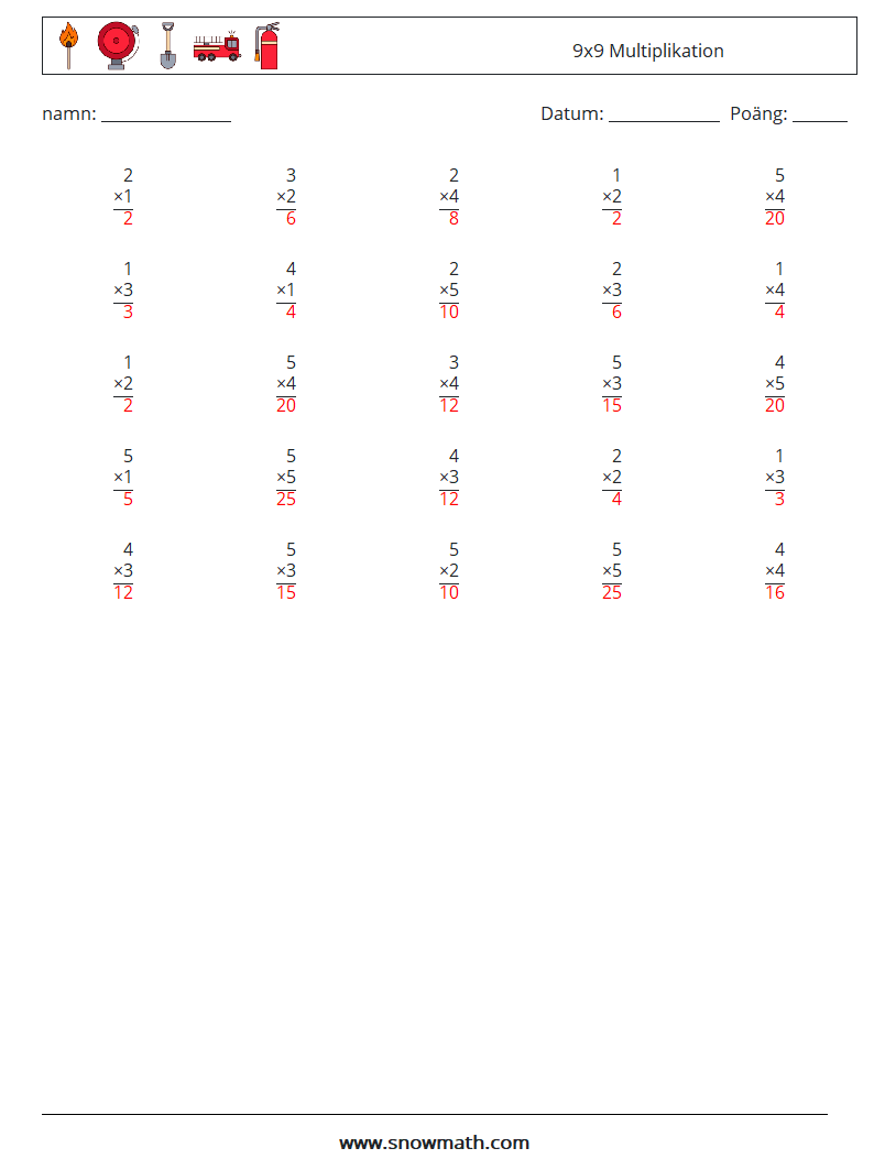 (25) 9x9 Multiplikation Matematiska arbetsblad 6 Fråga, svar