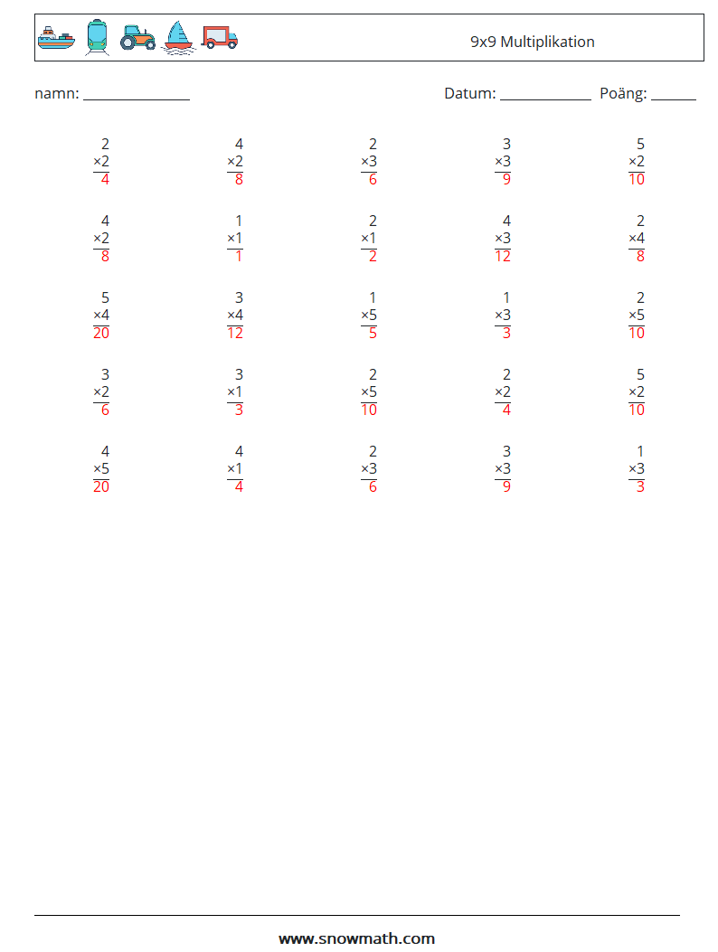 (25) 9x9 Multiplikation Matematiska arbetsblad 7 Fråga, svar