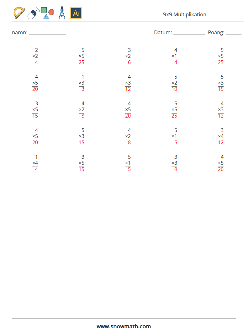 (25) 9x9 Multiplikation Matematiska arbetsblad 8 Fråga, svar