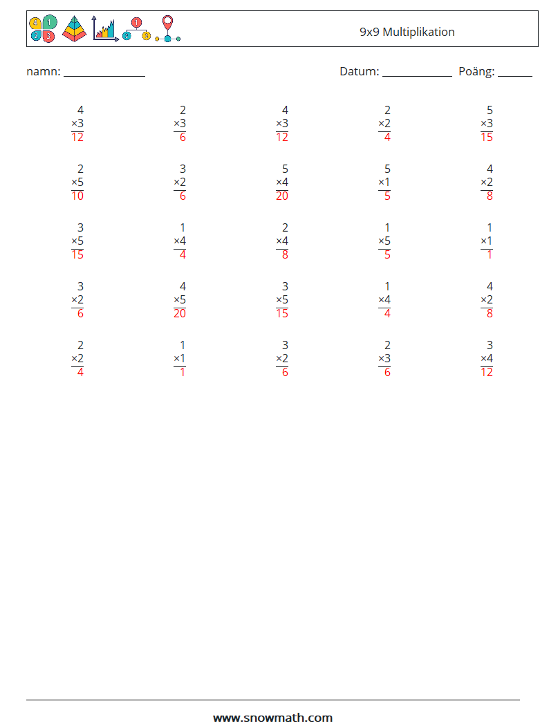 (25) 9x9 Multiplikation Matematiska arbetsblad 9 Fråga, svar