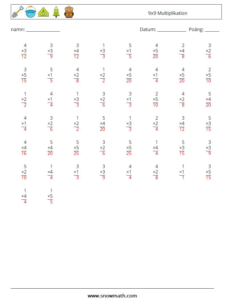 (50) 9x9 Multiplikation Matematiska arbetsblad 1 Fråga, svar