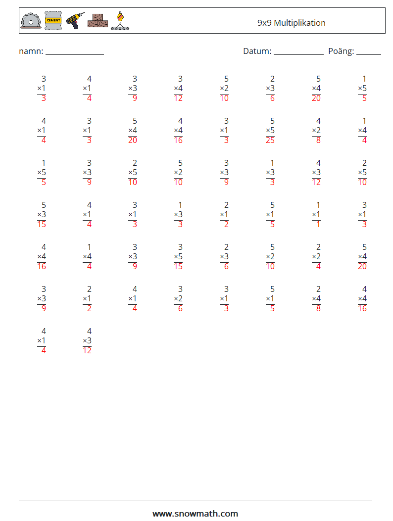 (50) 9x9 Multiplikation Matematiska arbetsblad 2 Fråga, svar