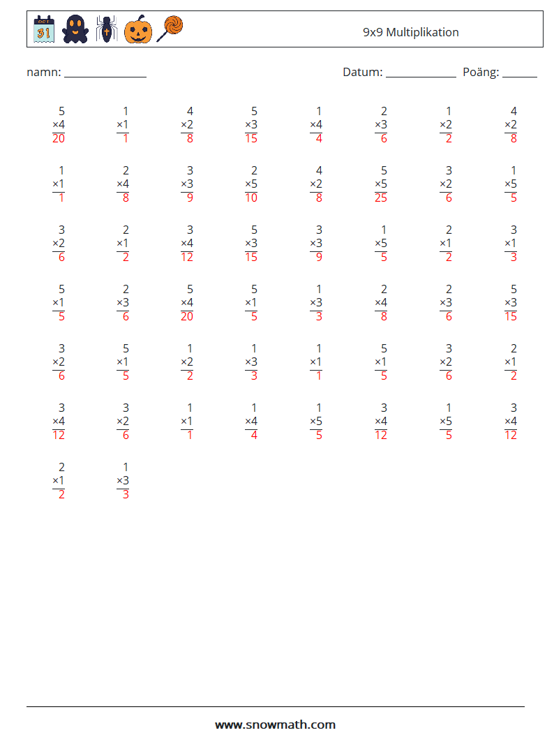 (50) 9x9 Multiplikation Matematiska arbetsblad 3 Fråga, svar