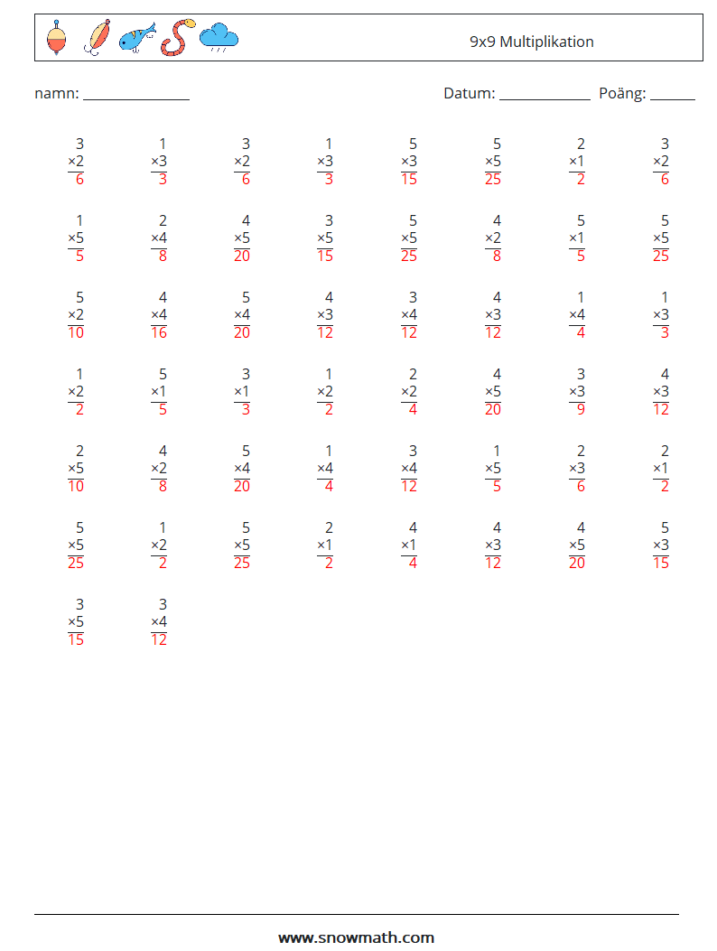 (50) 9x9 Multiplikation Matematiska arbetsblad 4 Fråga, svar