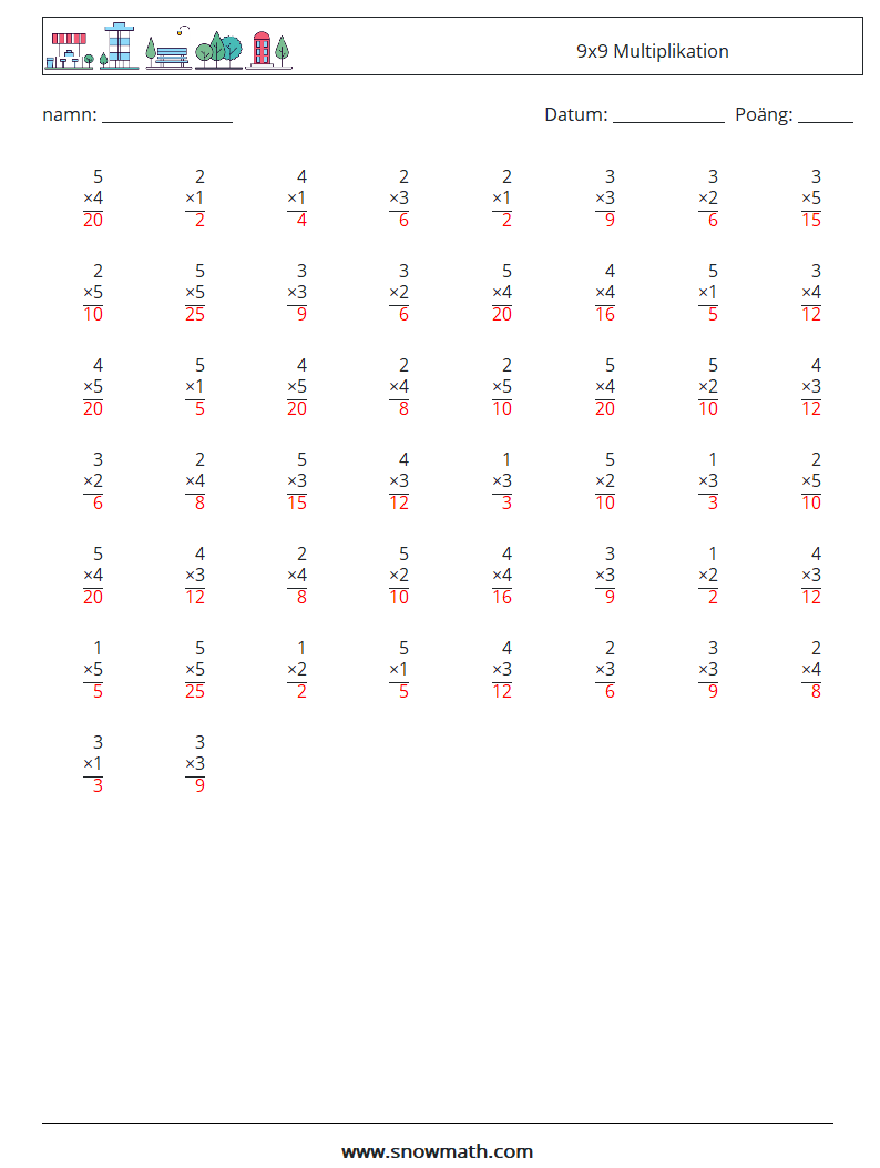 (50) 9x9 Multiplikation Matematiska arbetsblad 5 Fråga, svar