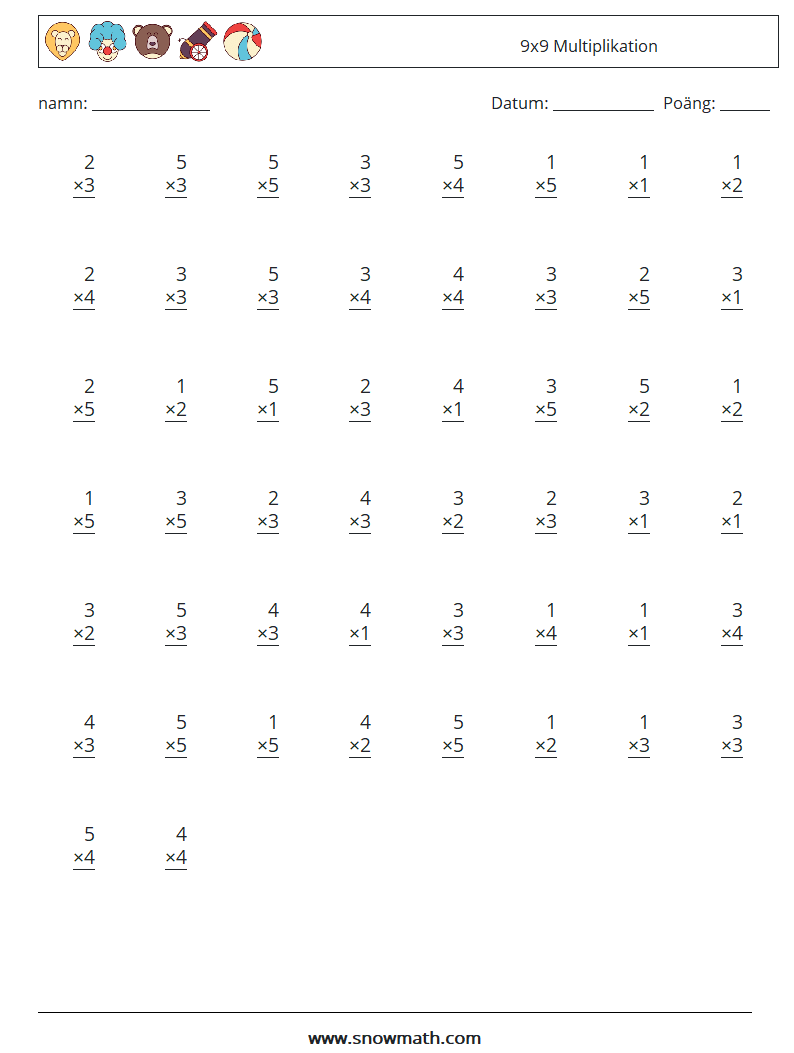 (50) 9x9 Multiplikation Matematiska arbetsblad 6