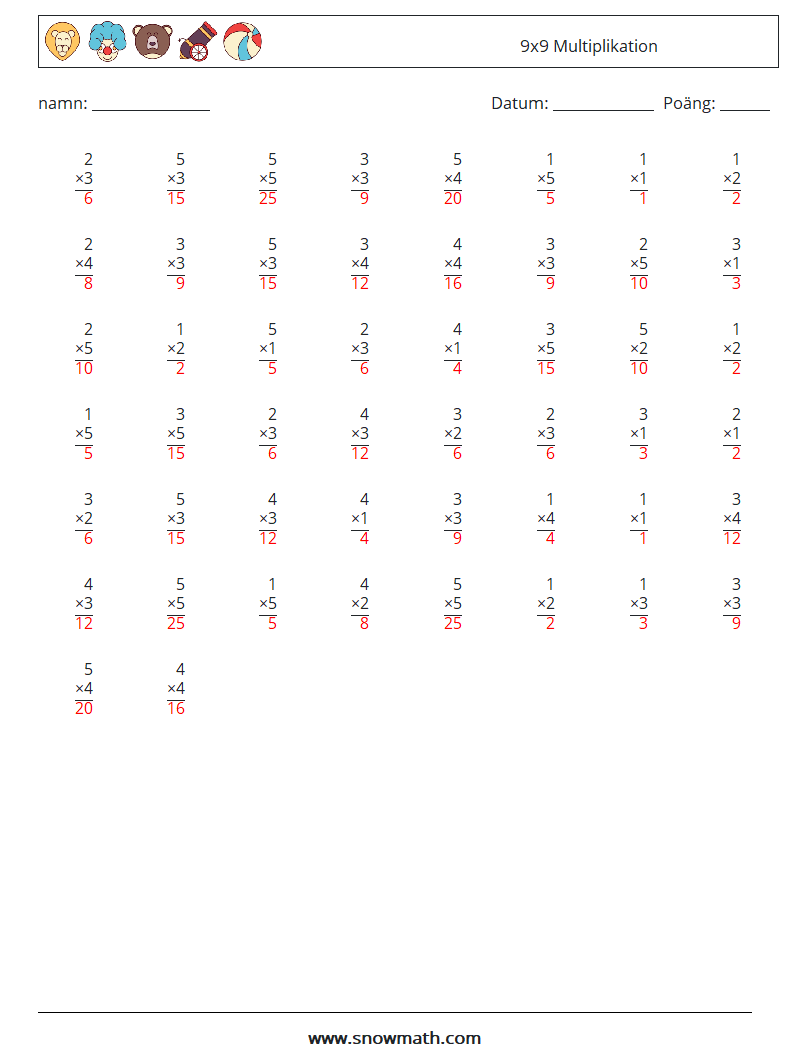 (50) 9x9 Multiplikation Matematiska arbetsblad 6 Fråga, svar