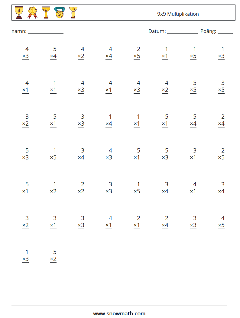 (50) 9x9 Multiplikation Matematiska arbetsblad 7